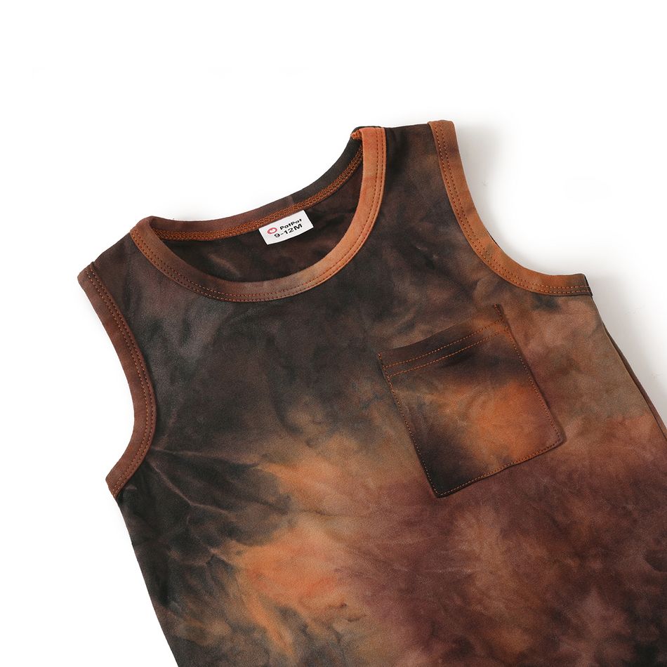 Family Matching Brown Tie Dye Ruched Bodycon Tank Dresses and Short-sleeve T-shirts Sets Brown big image 8