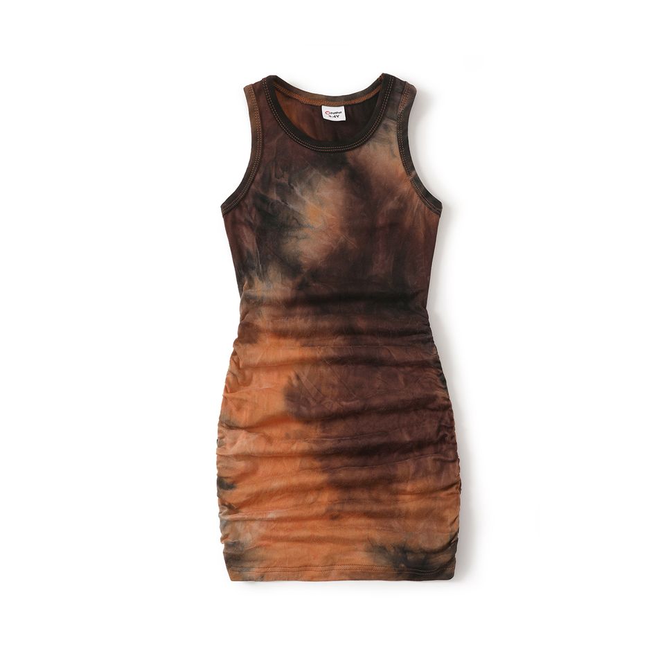 Family Matching Brown Tie Dye Ruched Bodycon Tank Dresses and Short-sleeve T-shirts Sets Brown big image 6