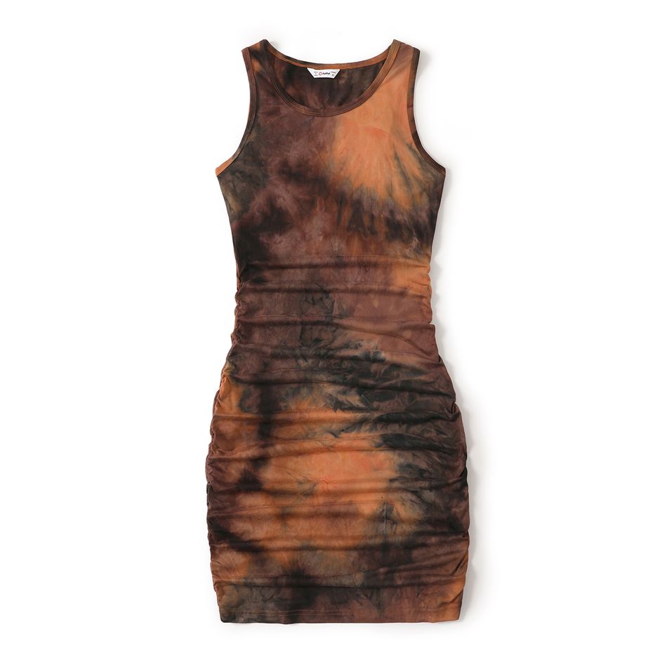 Family Matching Brown Tie Dye Ruched Bodycon Tank Dresses and Short-sleeve T-shirts Sets Brown big image 2
