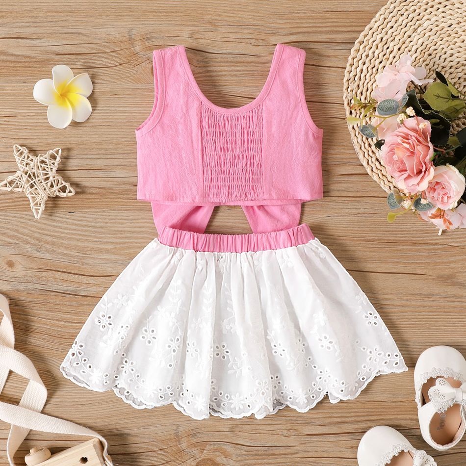 2pcs Baby Girl 100% Cotton Bow Front Tank Crop Top and Eyelet Embroidered Skirt Set PinkyWhite big image 2