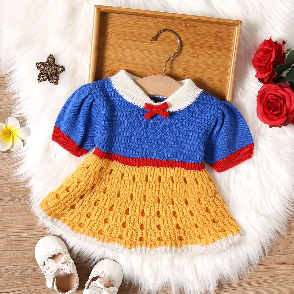 Baby Girl Colorblock Eyelet Knitted Puff-sleeve Dress Yellow