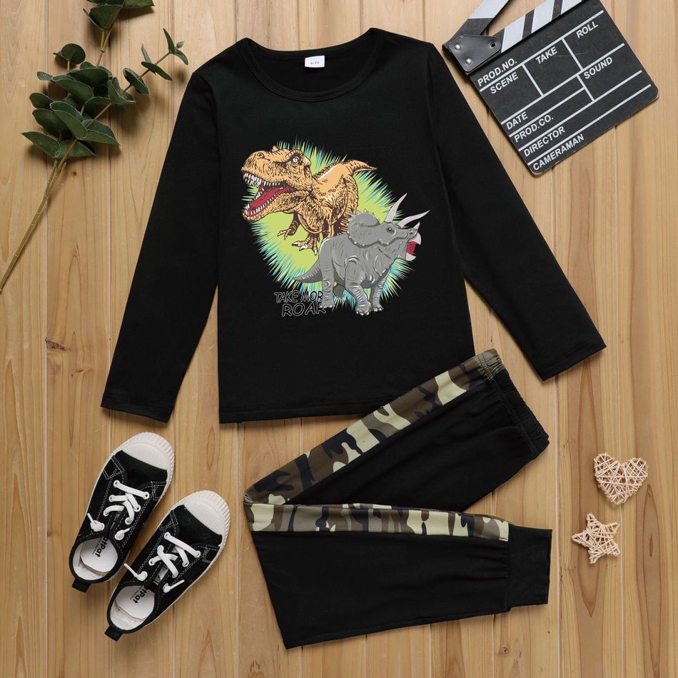 2pcs Kid Boy Animal Dinosaur Print Long-sleeve Cotton Tee Camouflage Print Pants Set Black