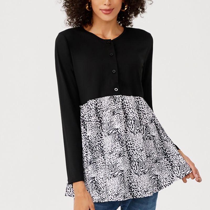 Nursing Leopard Panel Half Button Placket Long-sleeve Top BlackandWhite