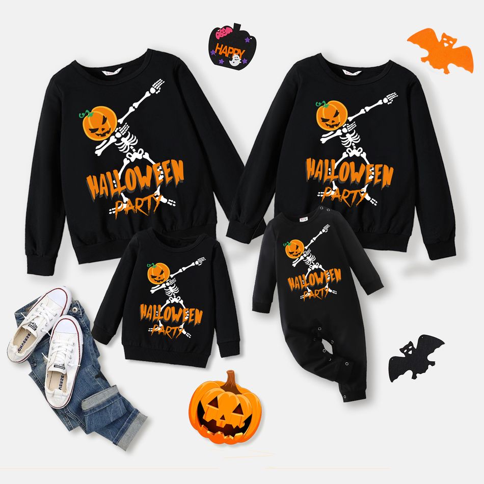 Halloween Family Matching 100% Cotton Long-sleeve Pumpkin Skeleton & Letter Print Sweatshirts Black
