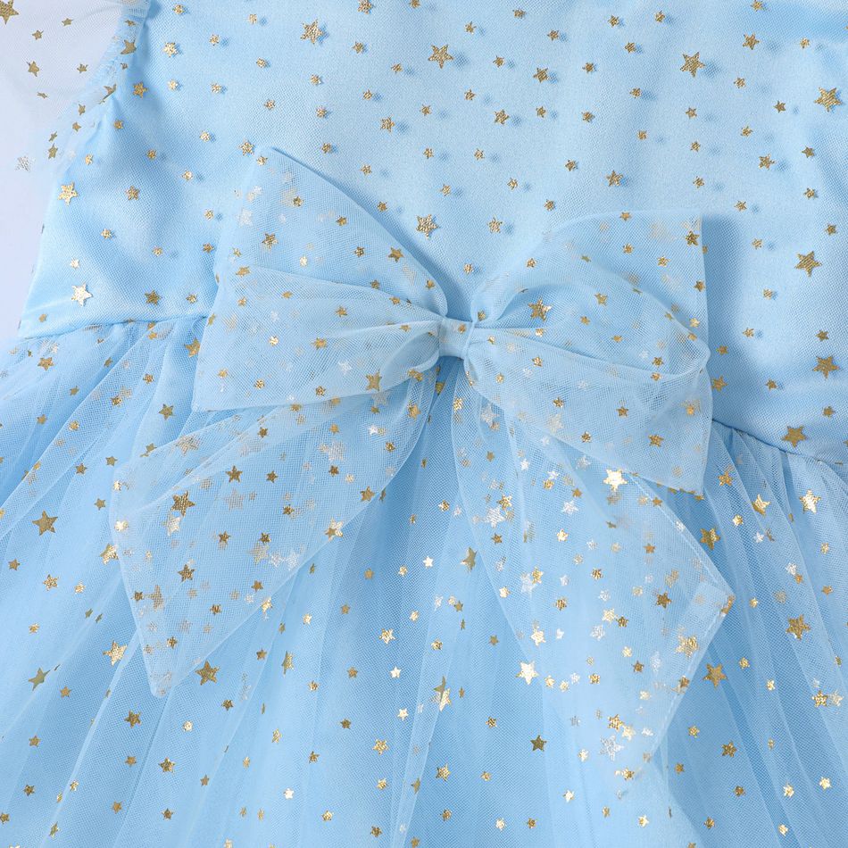 فستان مثل الرياح طفلة صغيرة نجمة كل انحاء شبكة الطبقات ديكور القوس فستان أزرق بأكمام رفرفة الضوء الأزرق big image 3