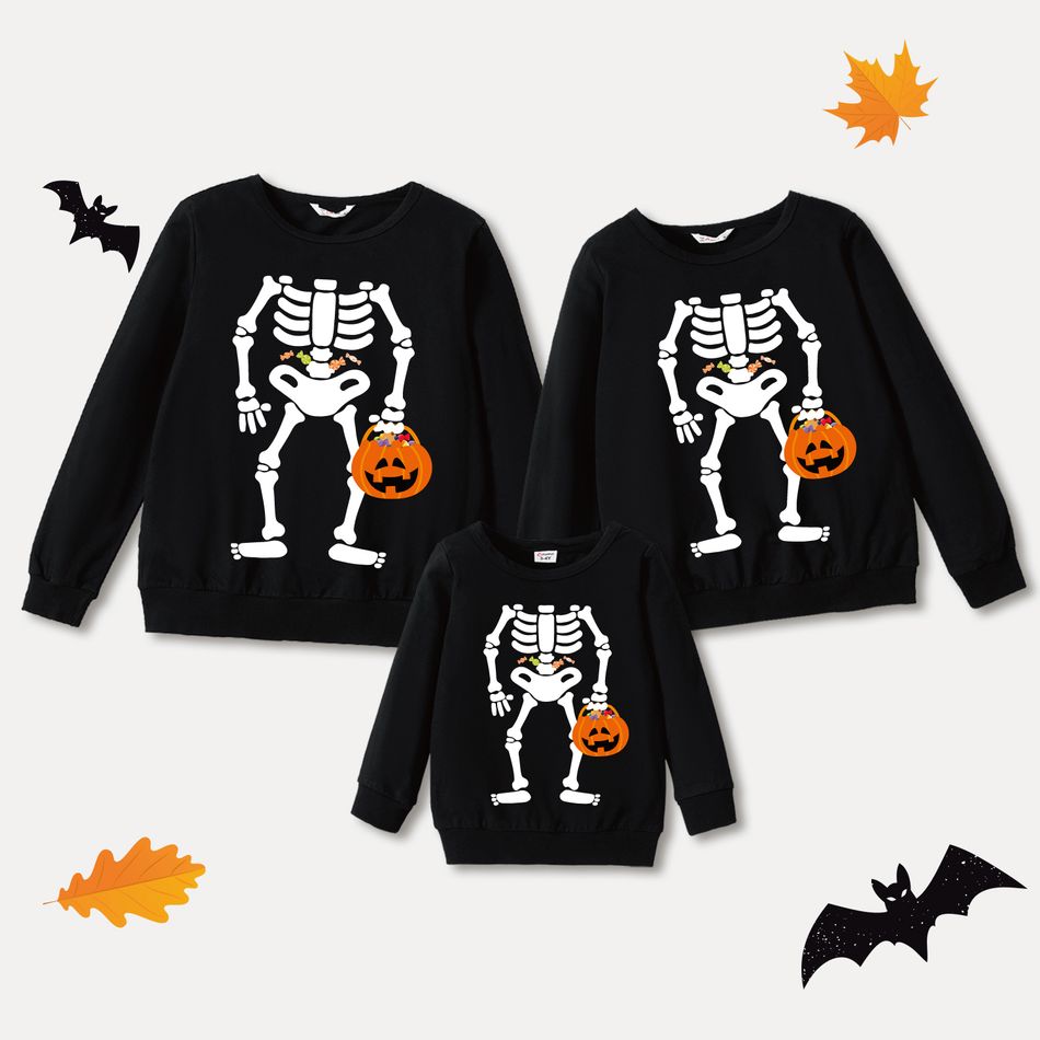 Halloween Family Matching 100% Cotton Long-sleeve Skeleton & Pumpkin Print Pullover Sweatshirts Black