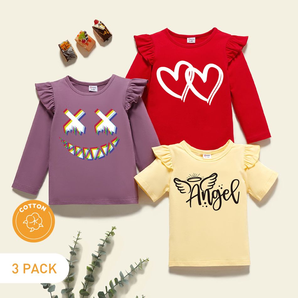 3-Pack Toddler Girl Heart/Letter/Face Graphic Print Short/Long-sleeve Cotton Tee Multi-color
