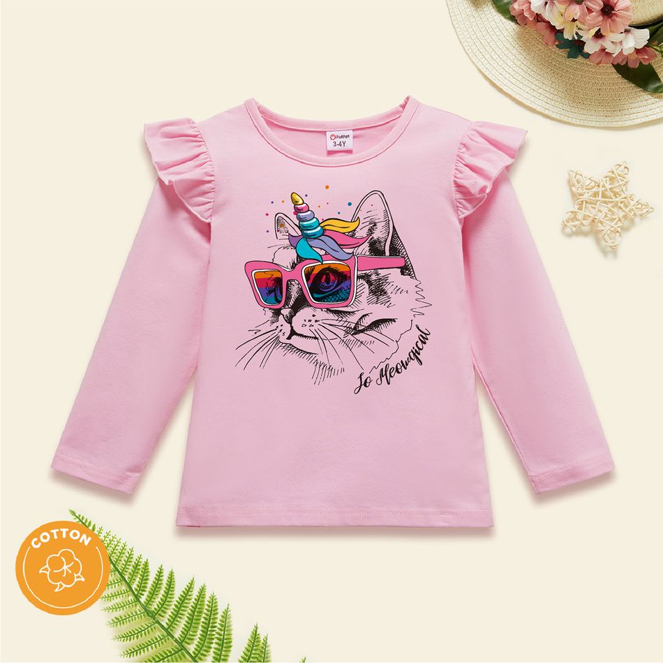 Toddler Girl Animal Cat Print Ruffled Long-sleeve Pink Cotton Tee Light Pink