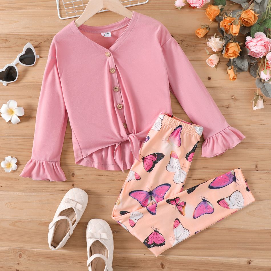 2pcs Kid Girl V Neck Tie Knot High Low Long-sleeve Pink Tee and Butterfly Print Leggings Set Dark Pink big image 1