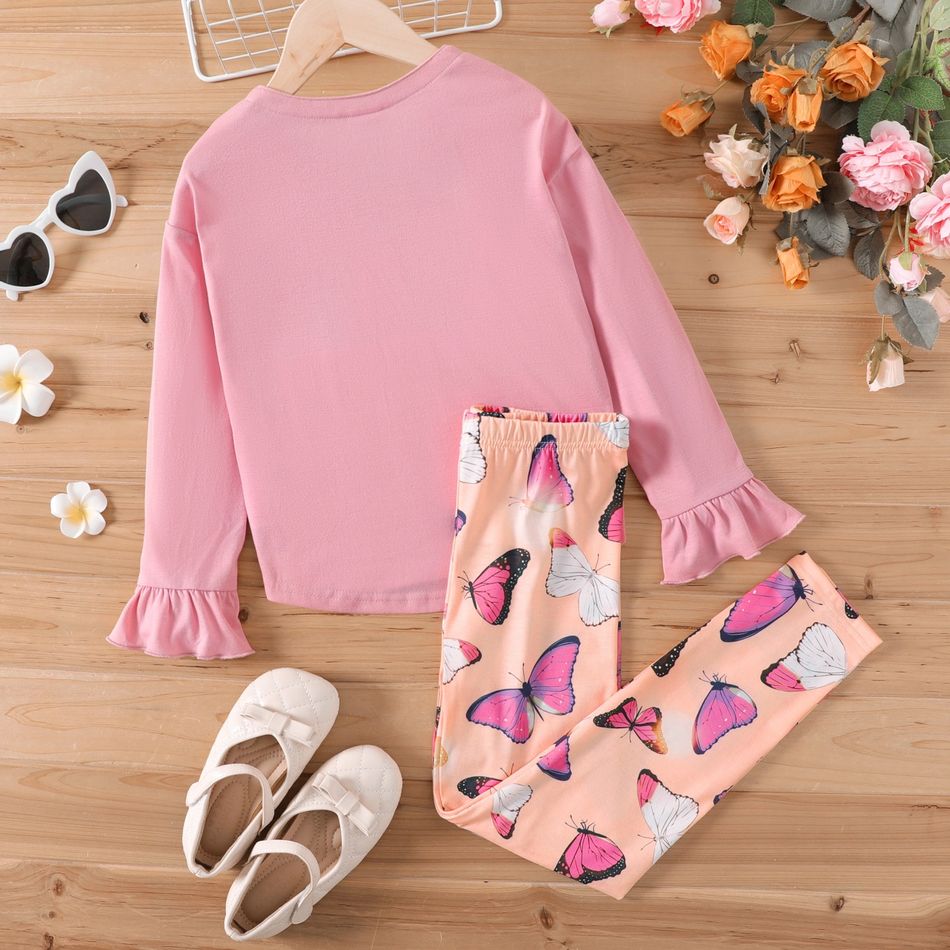 2pcs Kid Girl V Neck Tie Knot High Low Long-sleeve Pink Tee and Butterfly Print Leggings Set Dark Pink big image 5