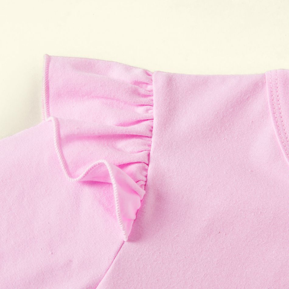 Kid Girl Letter Animal Cat Print Ruffled Short-sleeve Pink Cotton Tee Light Pink big image 5
