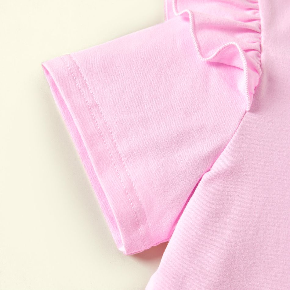Kid Girl Letter Animal Cat Print Ruffled Short-sleeve Pink Cotton Tee Light Pink big image 6