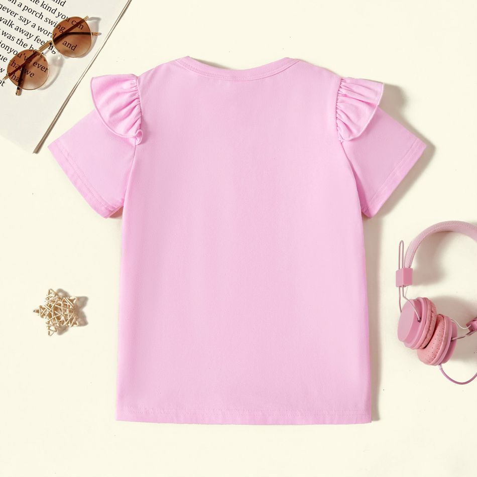 Kid Girl Letter Animal Cat Print Ruffled Short-sleeve Pink Cotton Tee Light Pink big image 2