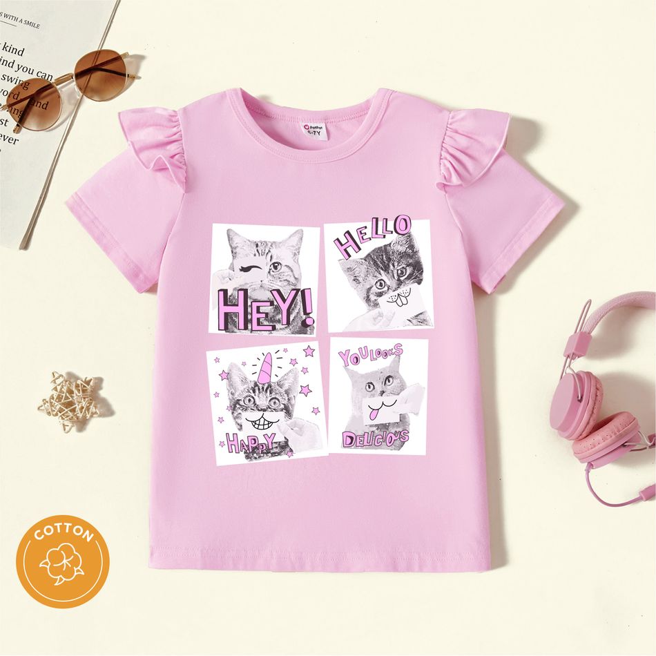 Kid Girl Letter Animal Cat Print Ruffled Short-sleeve Pink Cotton Tee Light Pink big image 1