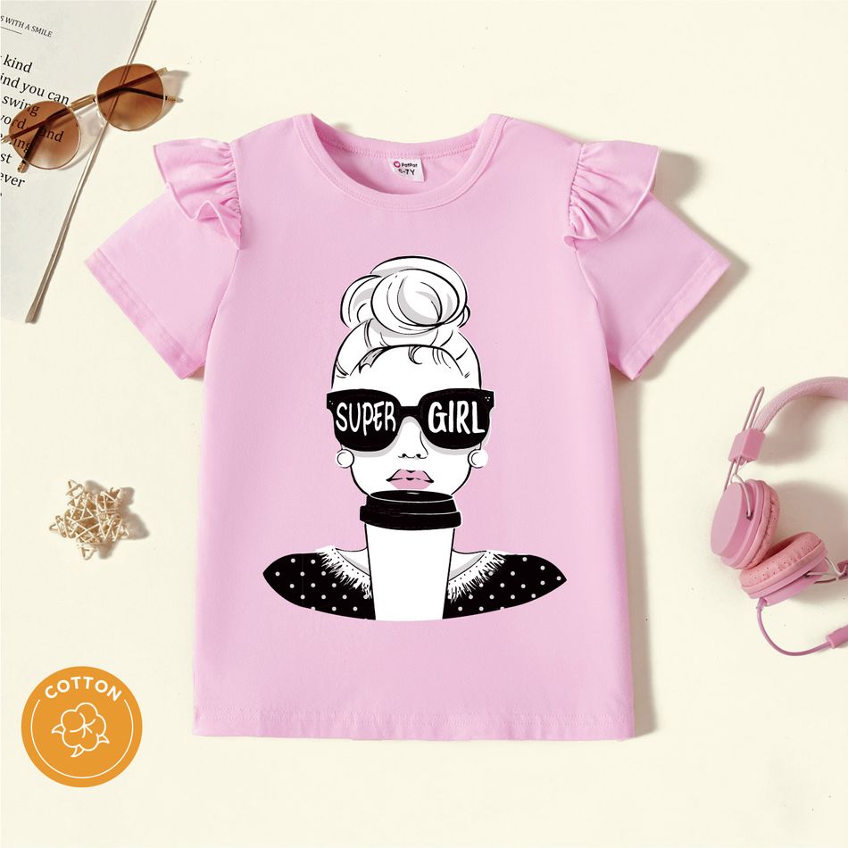 Kid Girl Letter Cartoon Print Ruffled Short-sleeve Cotton Tee Light Pink
