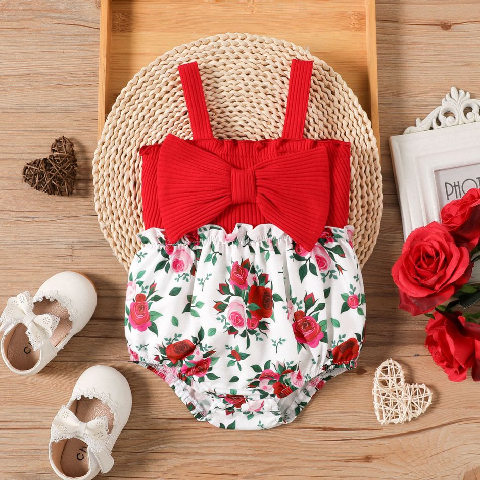 Baby Girl Rib Knit Bow Front Spliced Floral Print Cami Romper REDWHITE