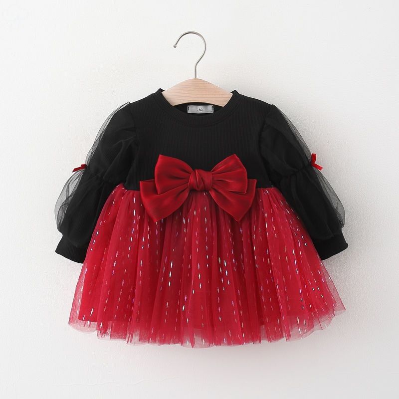 Toddler Girl Bowknot Glitter Design Mesh Splice Long-sleeve Dress Black