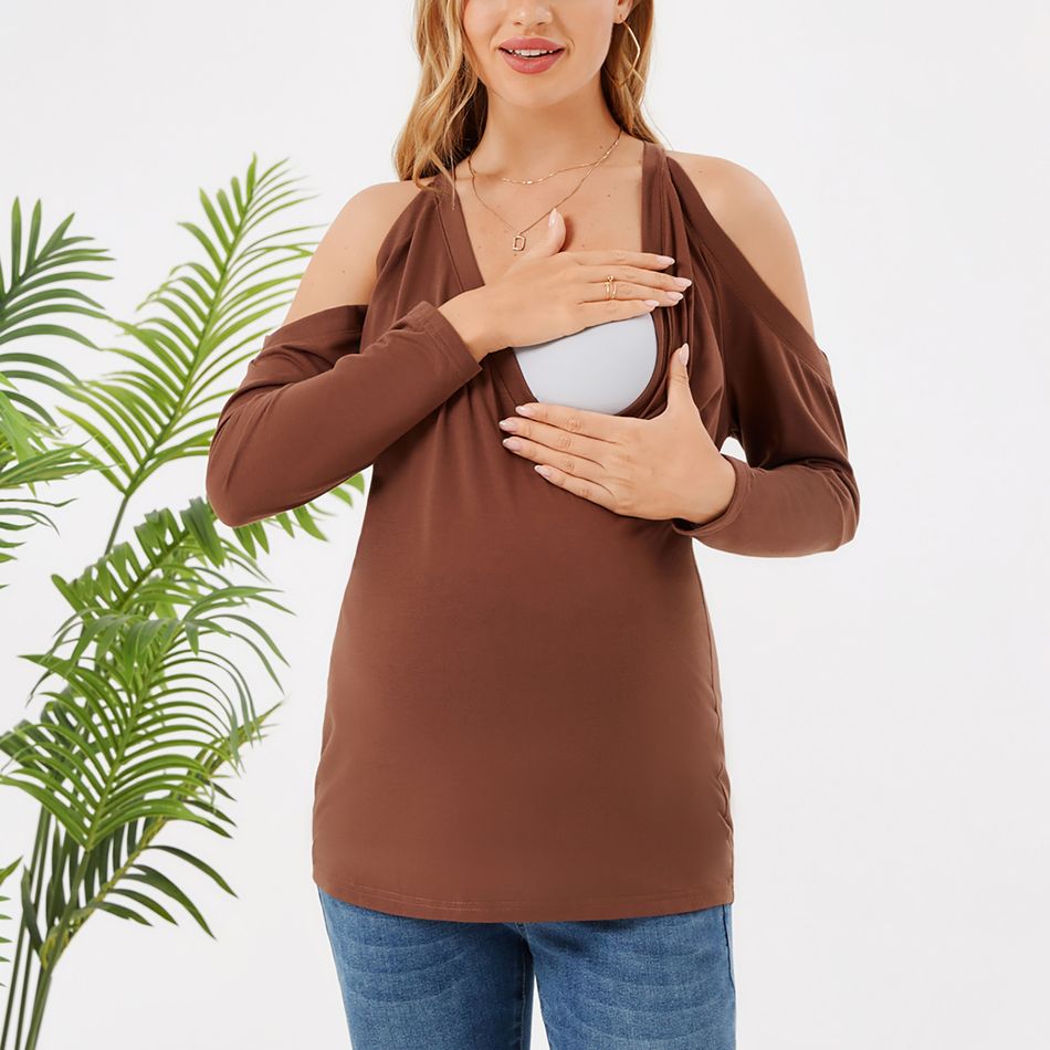 Nursing Cold Shoulder Long-sleeve Dress Brown