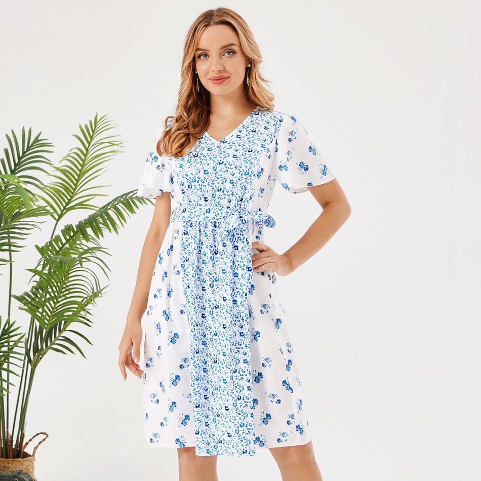 Nursing Floral Print Belted Short-sleeve Dress BLUEWHITE big image 2