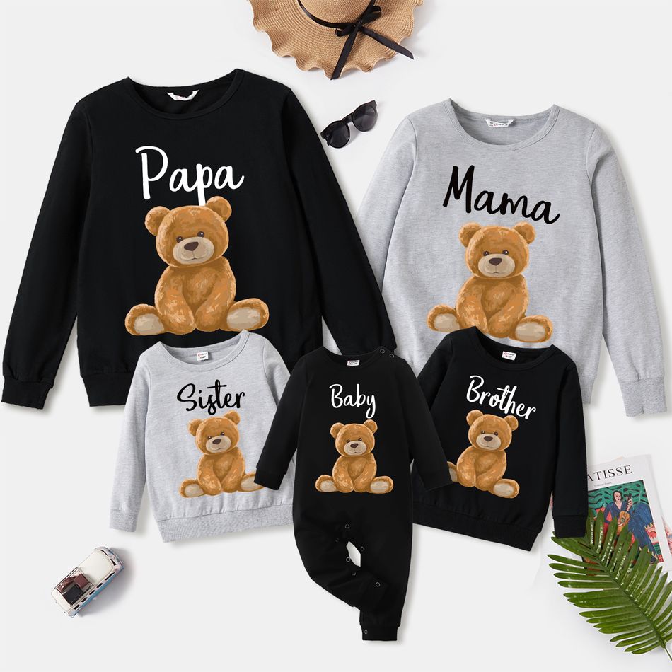 Family Matching 100% Cotton Long-sleeve Cartoon Bear & Letter Print Pullover Sweatshirts Color block big image 1
