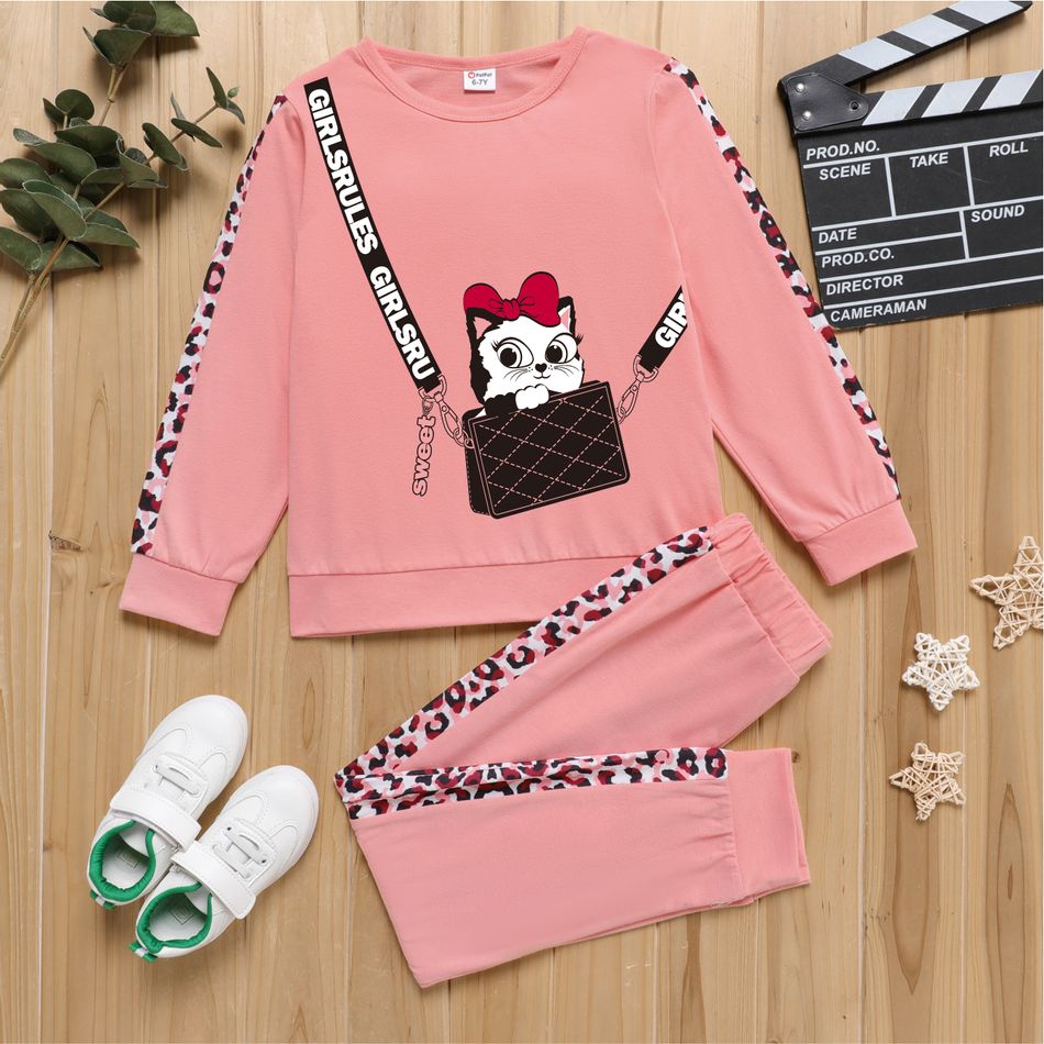 2pcs Kid Girl Animal Cat Bag Print Colorblock Pullover Sweatshirt and Leopard Print Pants Set Pink