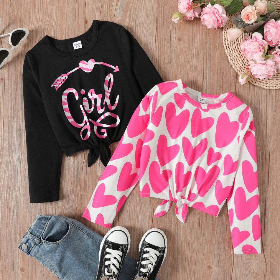 camiseta de manga comprida com estampa de coração/letra/coração Preto