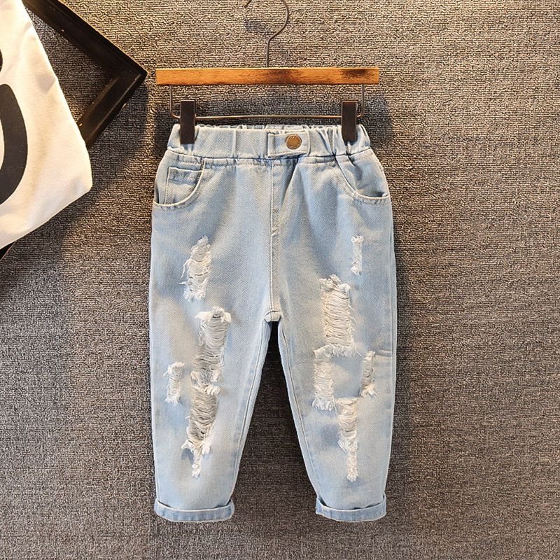 Kid Boy Casual Solid Color Ripped Denim Jeans Light Blue