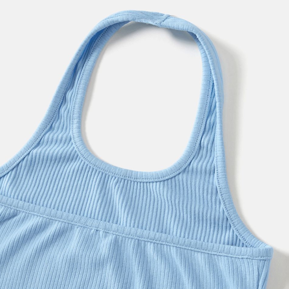Blue Rib Knit Halter Backless Sleeveless Bodycon Dress for Mom and Me Blue big image 3