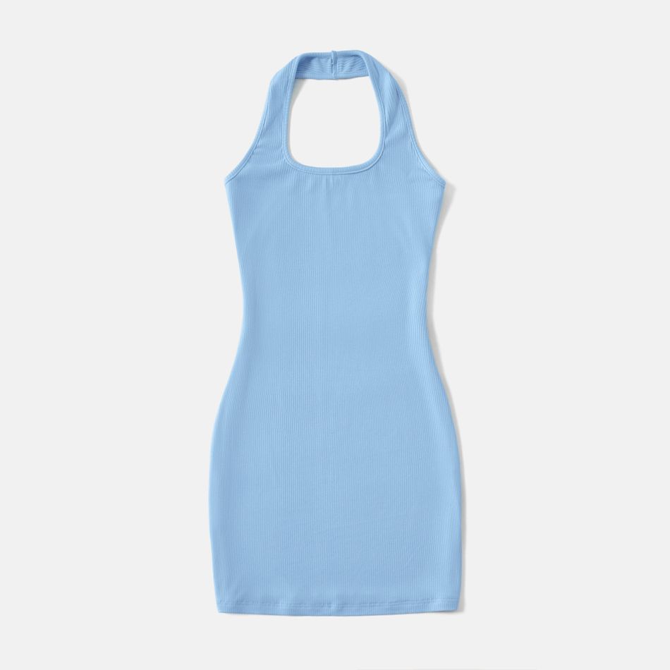 Blue Rib Knit Halter Backless Sleeveless Bodycon Dress for Mom and Me Blue big image 2