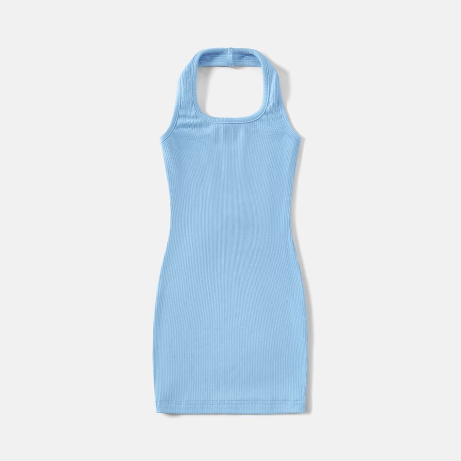 Blue Rib Knit Halter Backless Sleeveless Bodycon Dress for Mom and Me Blue big image 4