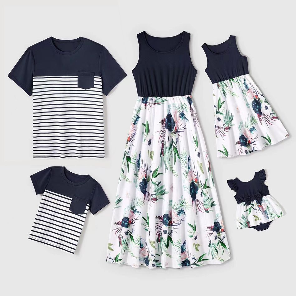 Family Matching Solid Spliced Plant Print Tank Dresses and Short-sleeve Striped T-shirts Sets Blue