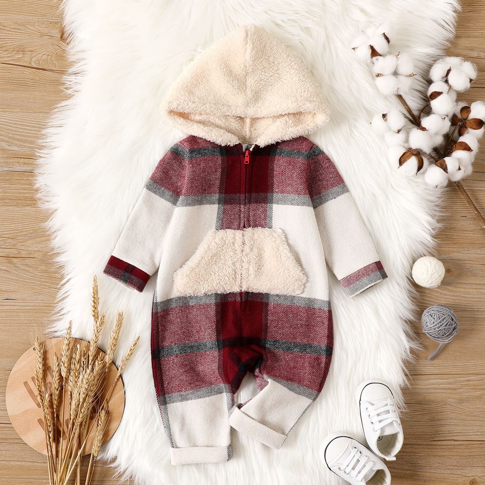 Baby Boy Fluffy Hooded Spliced Plaid Long-sleeve Zip Jumpsuit REDWHITE
