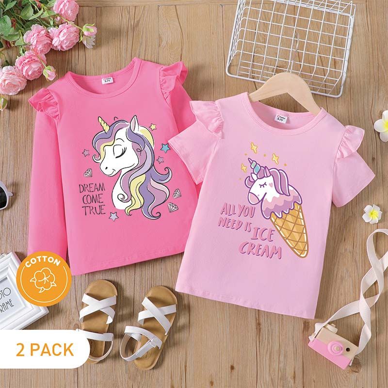 2-Pack Kid Girl Animal Unicorn Print Ruffled Short/Long-sleeve Tee Multi-color