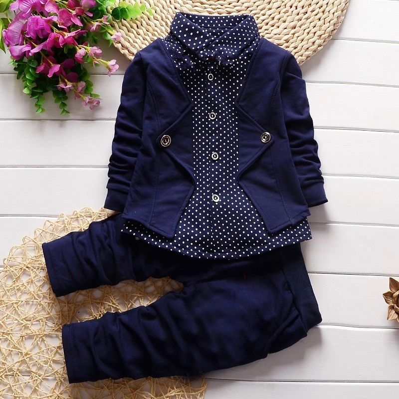 2pcs Toddler Boy Preppy style Faux-two Polka dots Long-sleeve Shirt and Pants Set Dark Blue