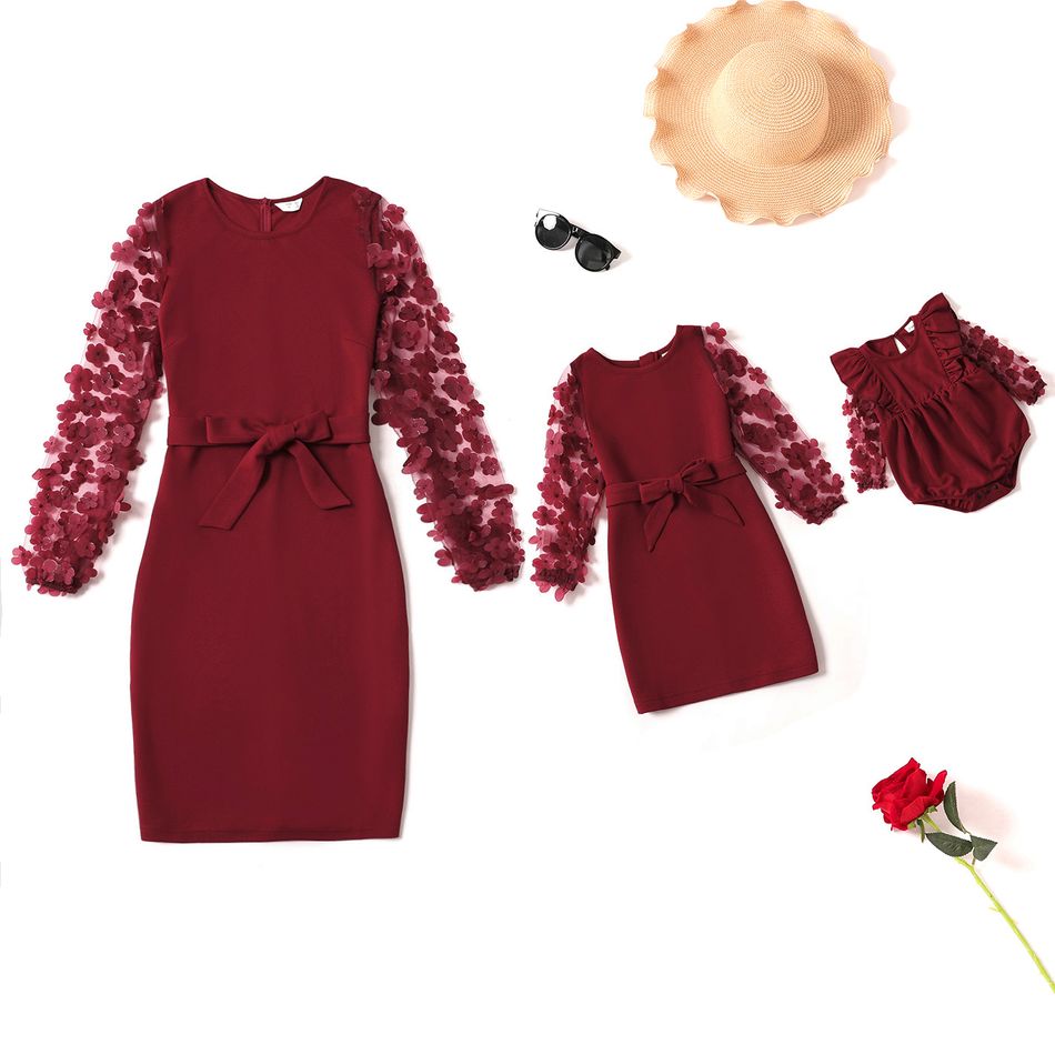 Dark Red 3D Floral Applique Decor Mesh Long-sleeve Belted Pencil Dress for Mom and Me darkred