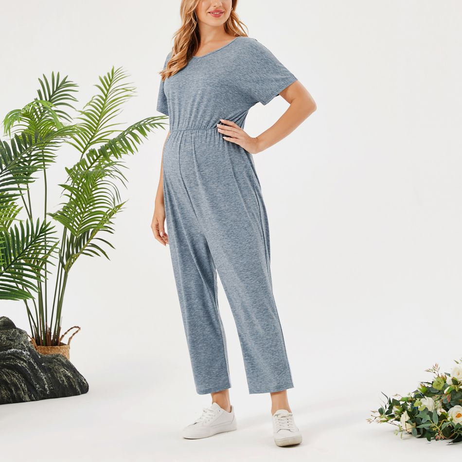 Maternity Simple Plain Short-sleeve Jumpsuit Bluish Grey big image 2