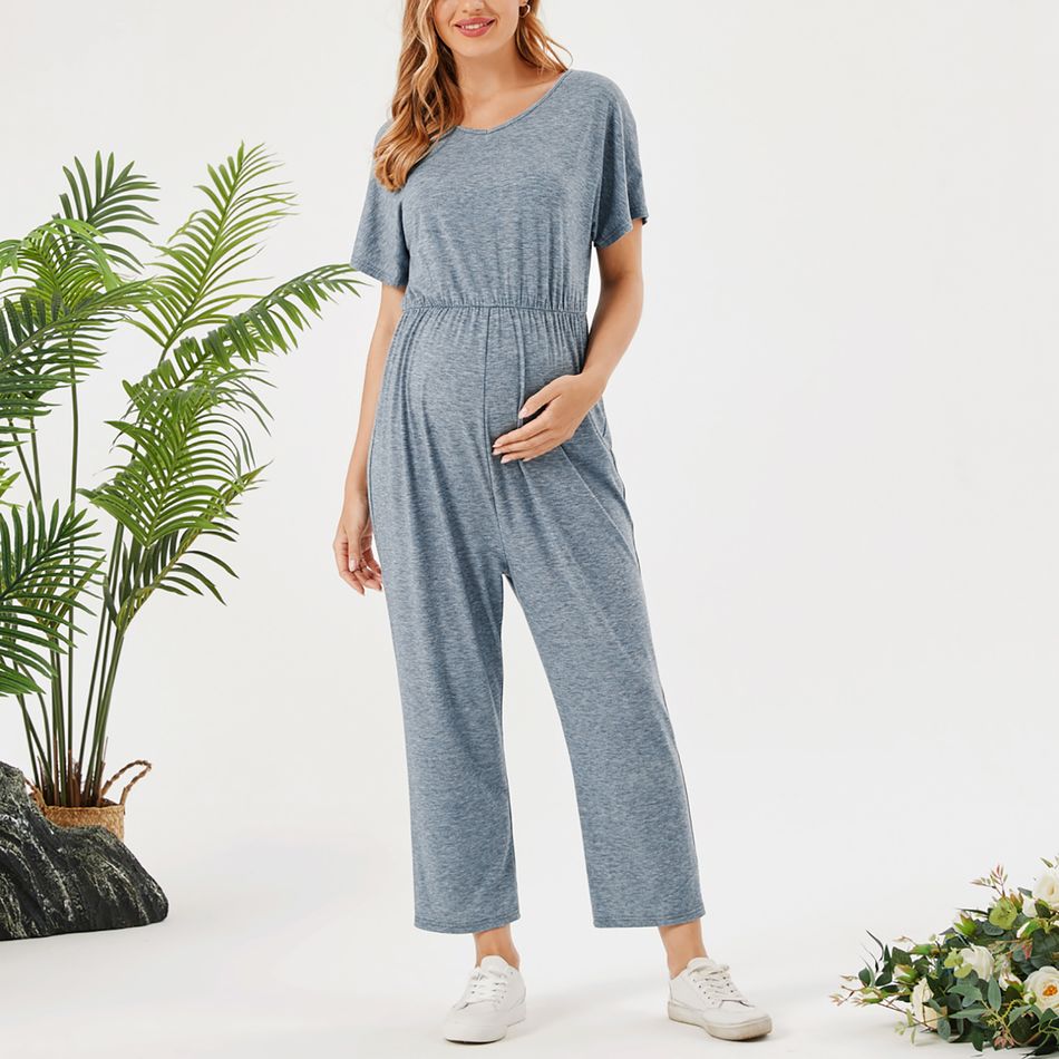 Maternity Simple Plain Short-sleeve Jumpsuit Bluish Grey