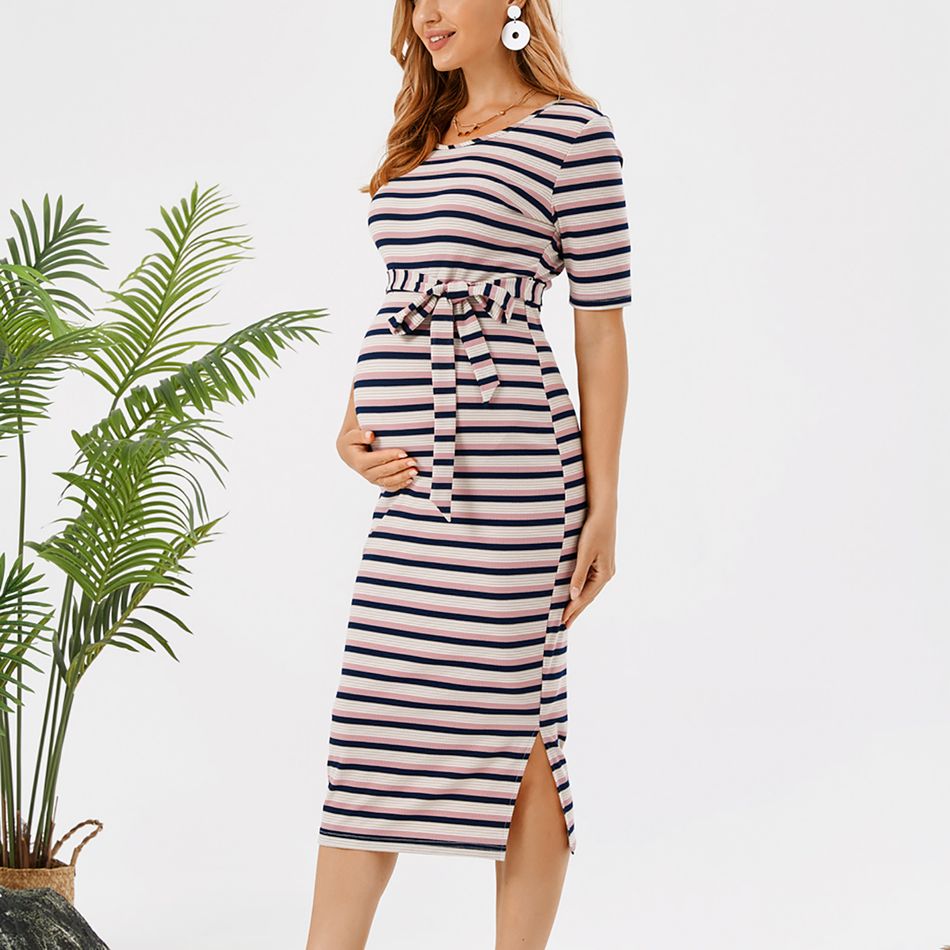 Maternity Stripe Belted Short-sleeve Dress darkpink