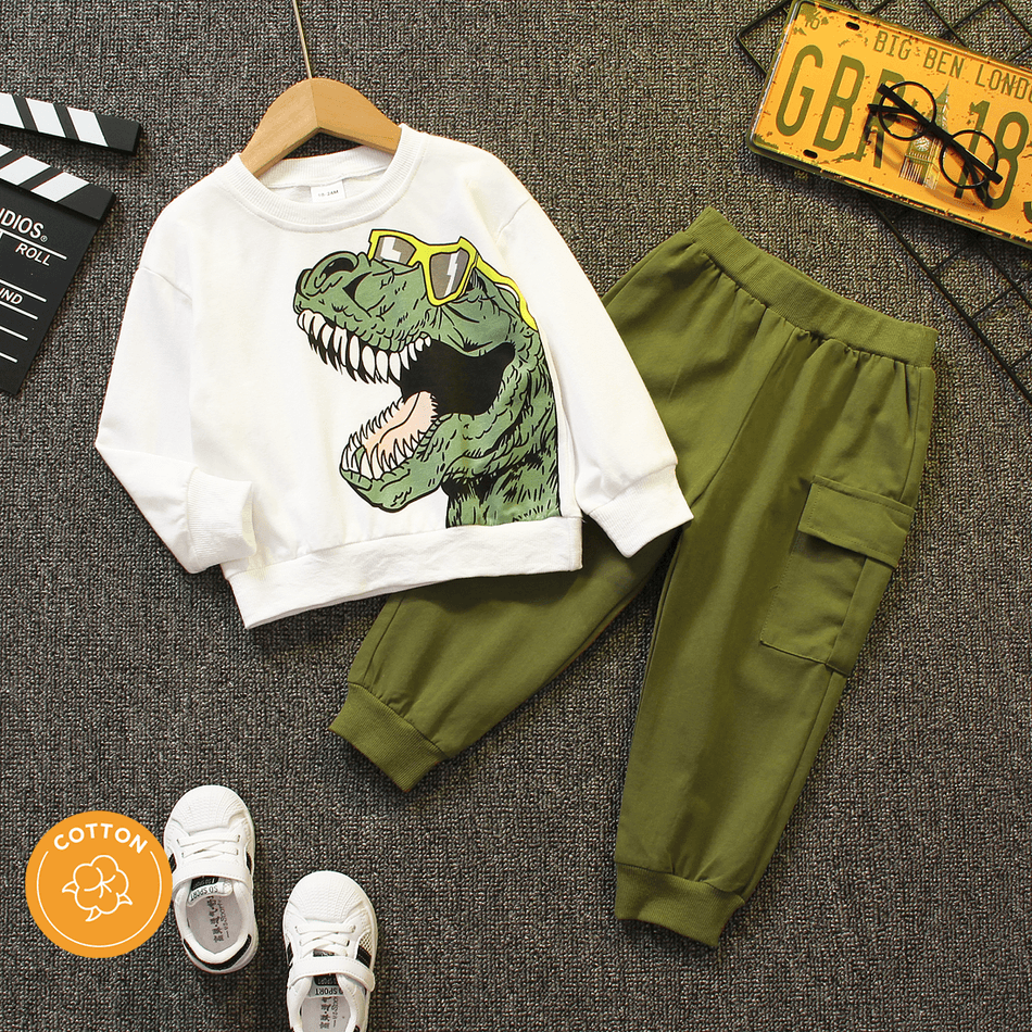 2pcs Toddler Boy Playful Dinosaur Print Sweatshirt and Pocket Design Cargo Pants Set White big image 2