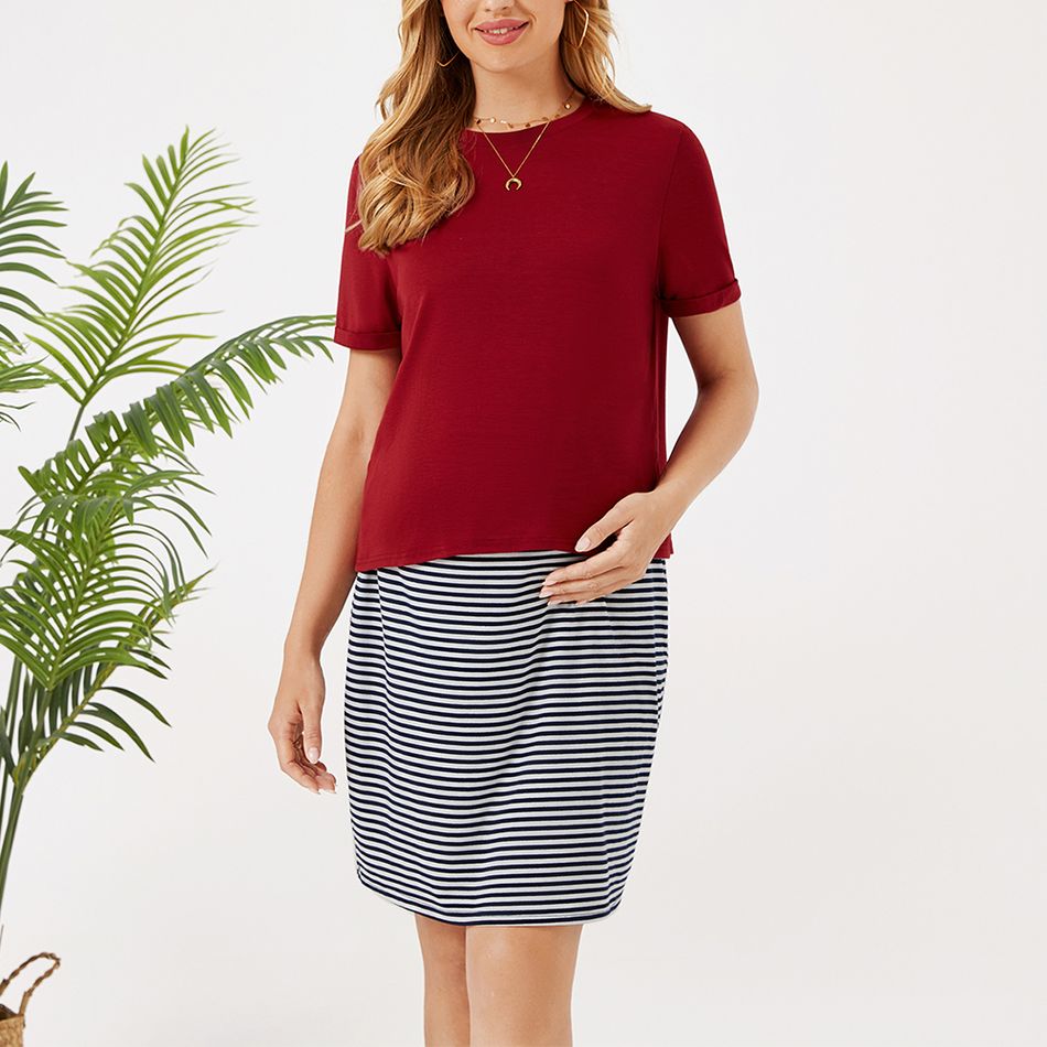 2-pack Maternity Simple Red Short-sleeve Tee & Stripe Skirt Set Red