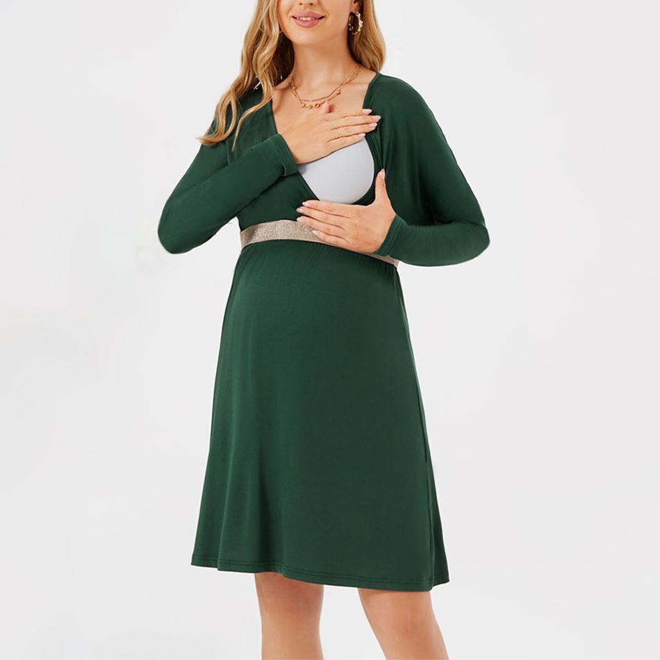 الأمومة الخصر مشد فستان أخضر طويل الأكمام أخضر