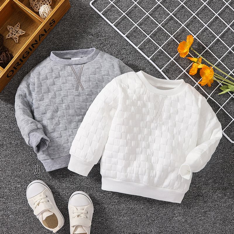Toddler Boy Basic Solid Color Textured Pullover Sweatshirt White big image 2