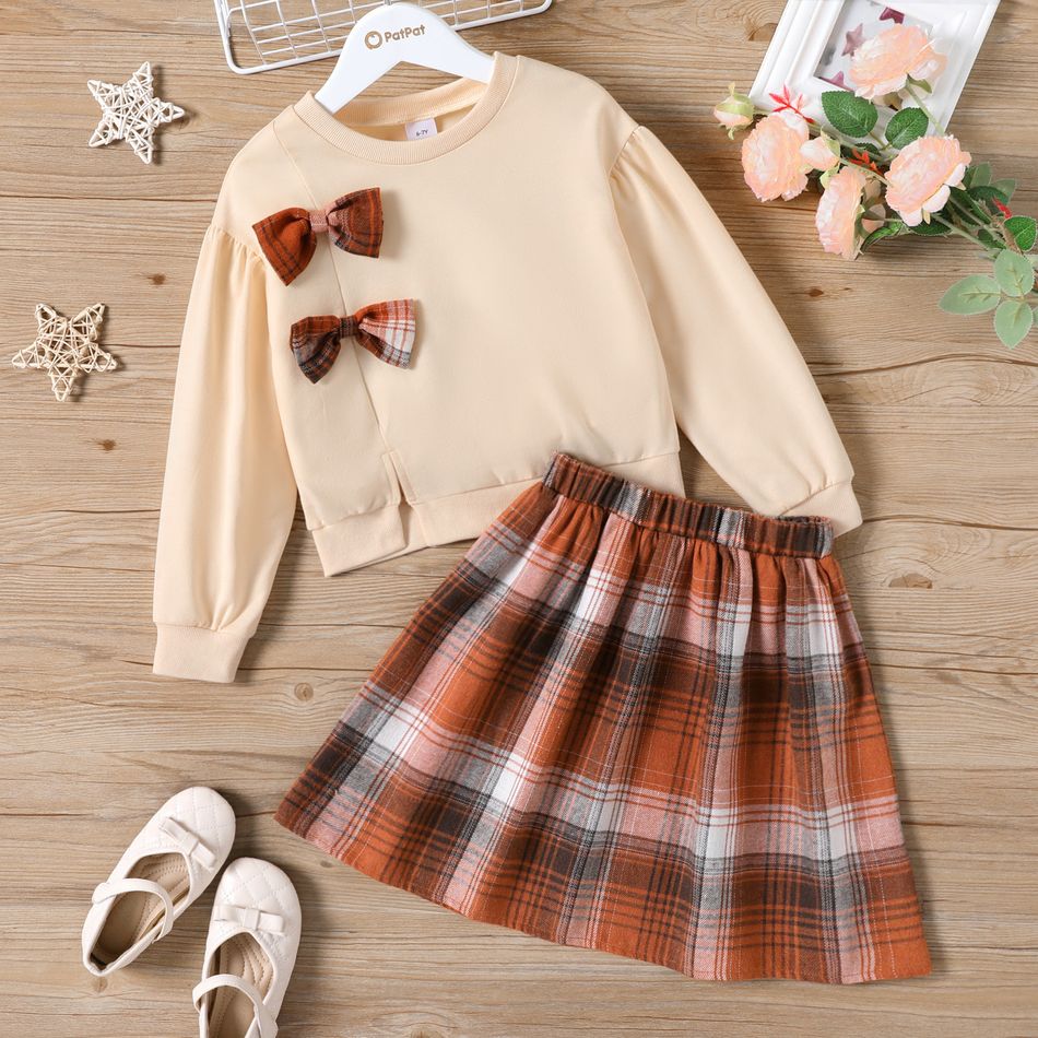 2pcs Kid Girl 3D Bowknot Design Slit Sweatshirt and Plaid Skirt Set Apricot