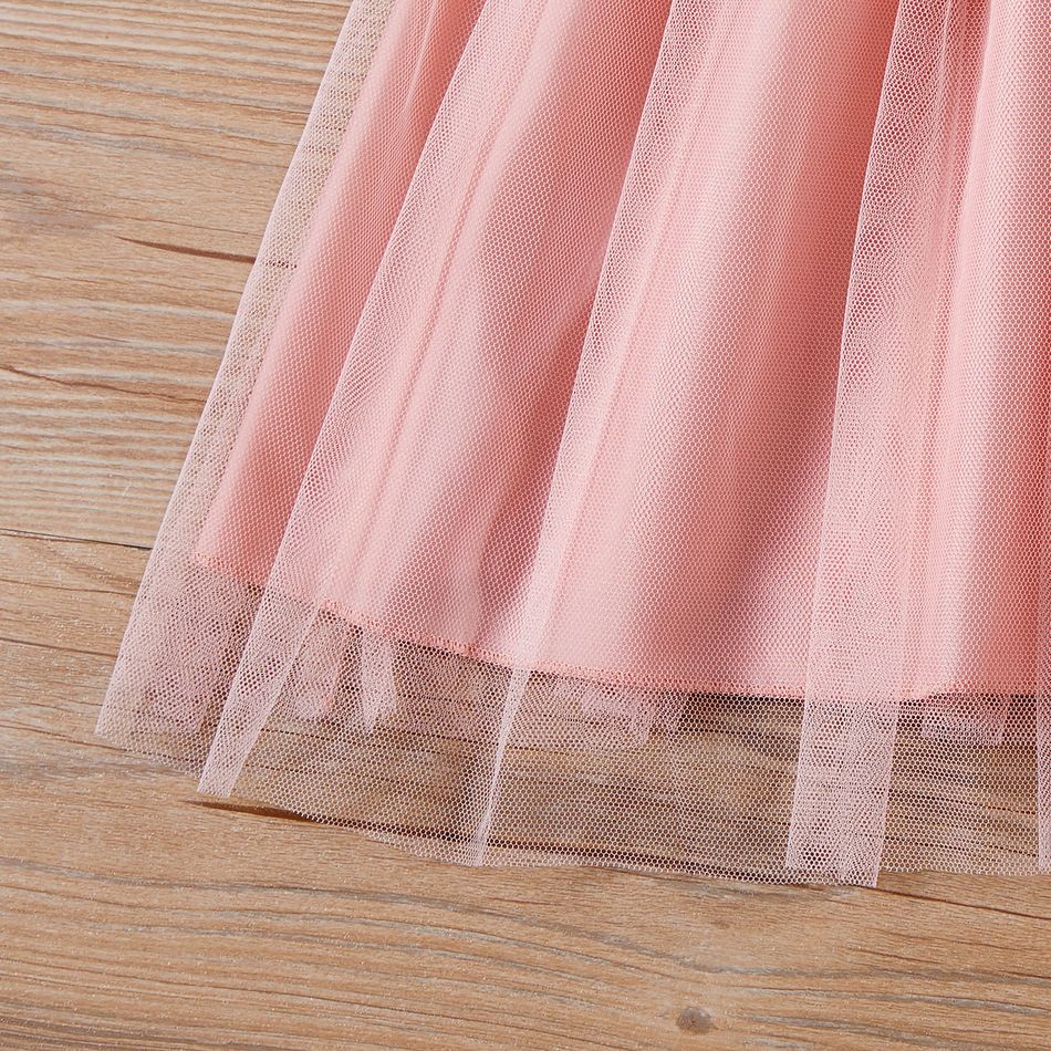 2pcs Kid Girl Mesh Splice Sleeveless Pink Dress and Textured Cardigan Set Light Pink big image 5