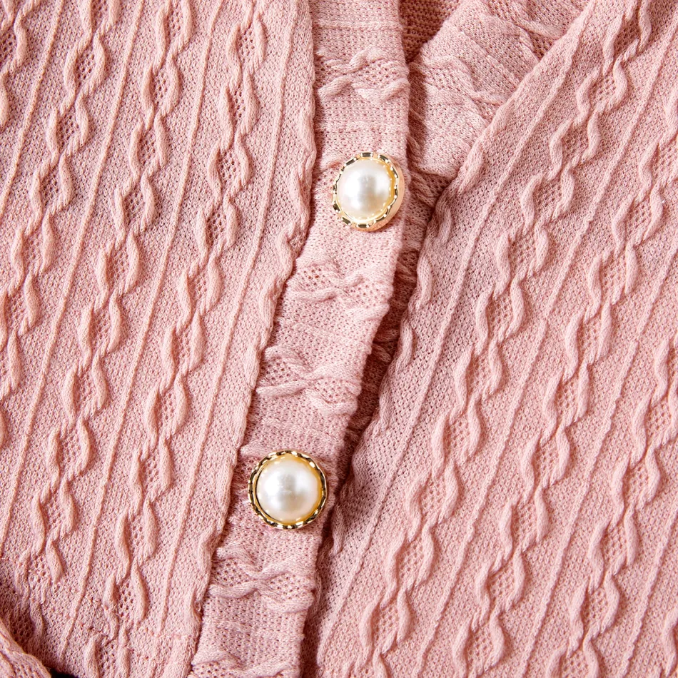 2pcs Kid Girl Mesh Splice Sleeveless Pink Dress and Textured Cardigan Set Light Pink big image 3