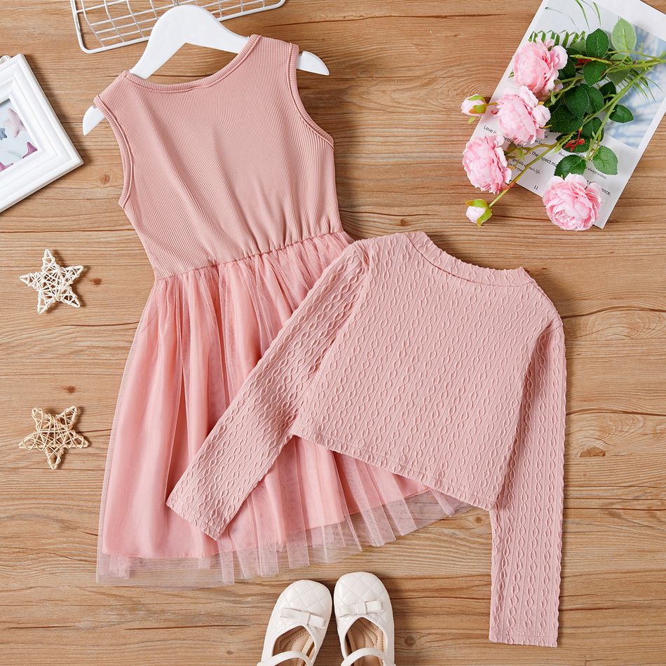 2pcs Kid Girl Mesh Splice Sleeveless Pink Dress and Textured Cardigan Set Light Pink big image 2