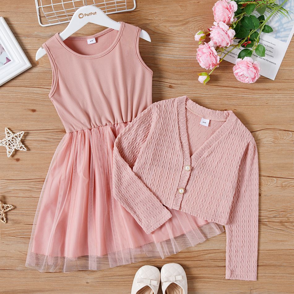 2pcs Kid Girl Mesh Splice Sleeveless Pink Dress and Textured Cardigan Set Light Pink