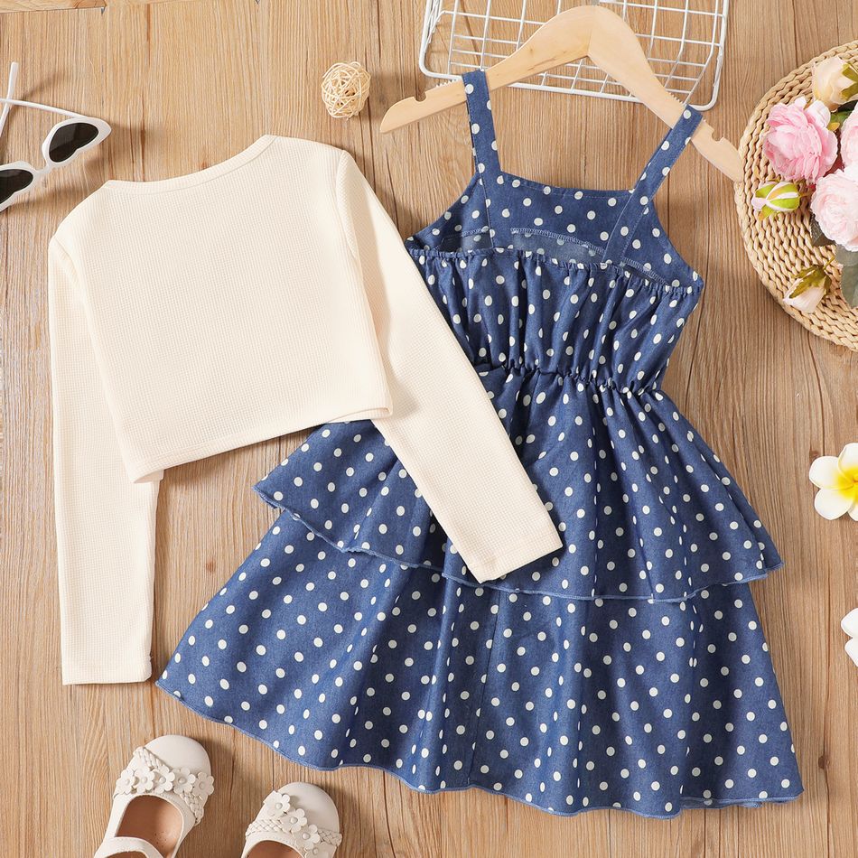 2pcs Kid Girl Polka dots Layered Denim Slip Dress and Bowknot Design Cardigan Set BLUEWHITE big image 6