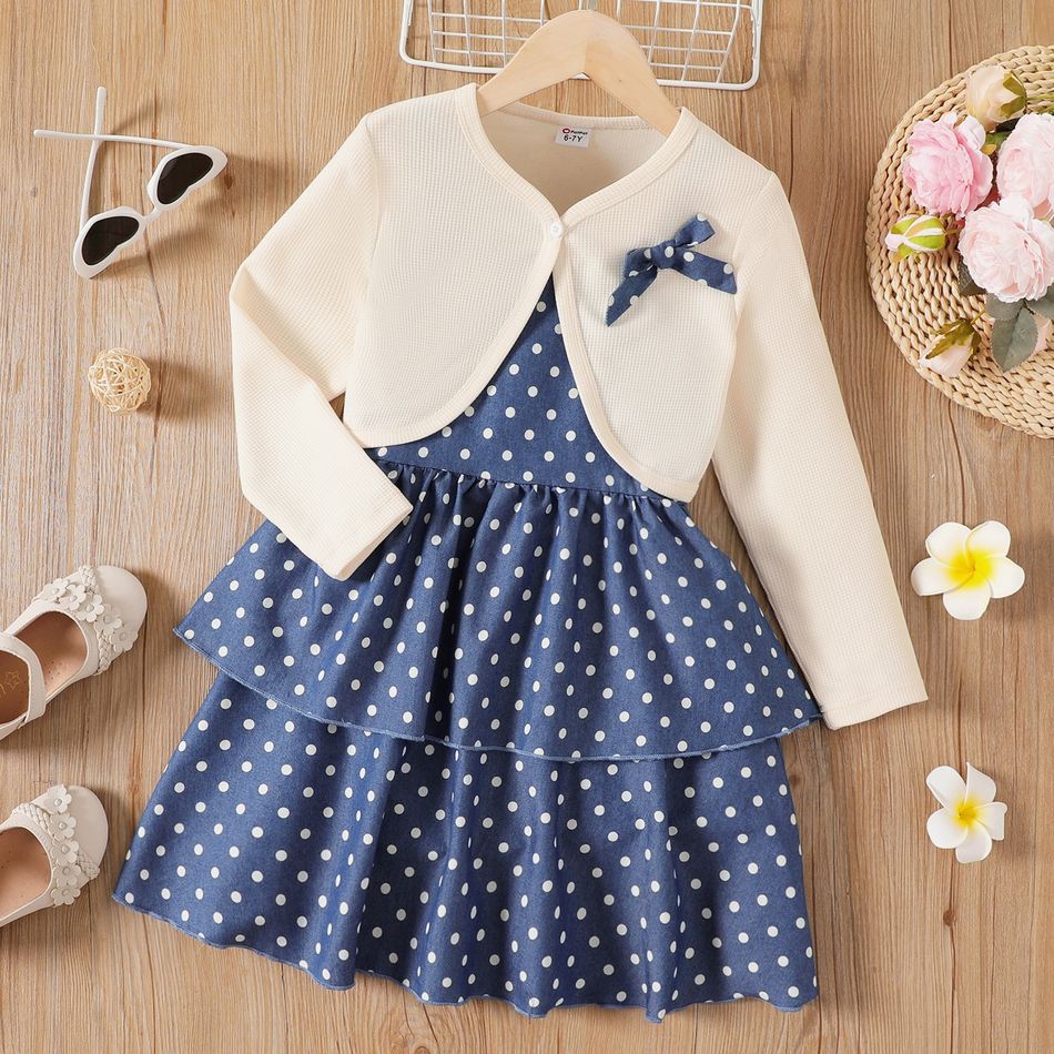 2pcs Kid Girl Polka dots Layered Denim Slip Dress and Bowknot Design Cardigan Set BLUEWHITE big image 2