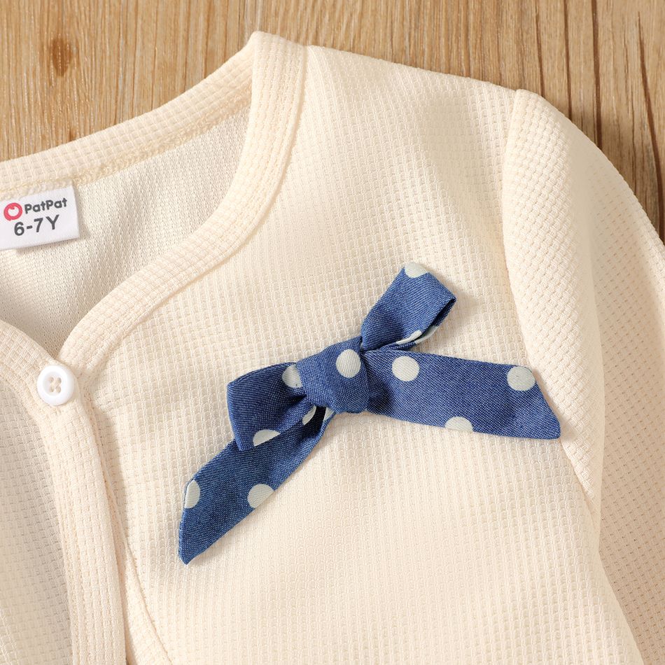 2pcs Kid Girl Polka dots Layered Denim Slip Dress and Bowknot Design Cardigan Set BLUEWHITE big image 4